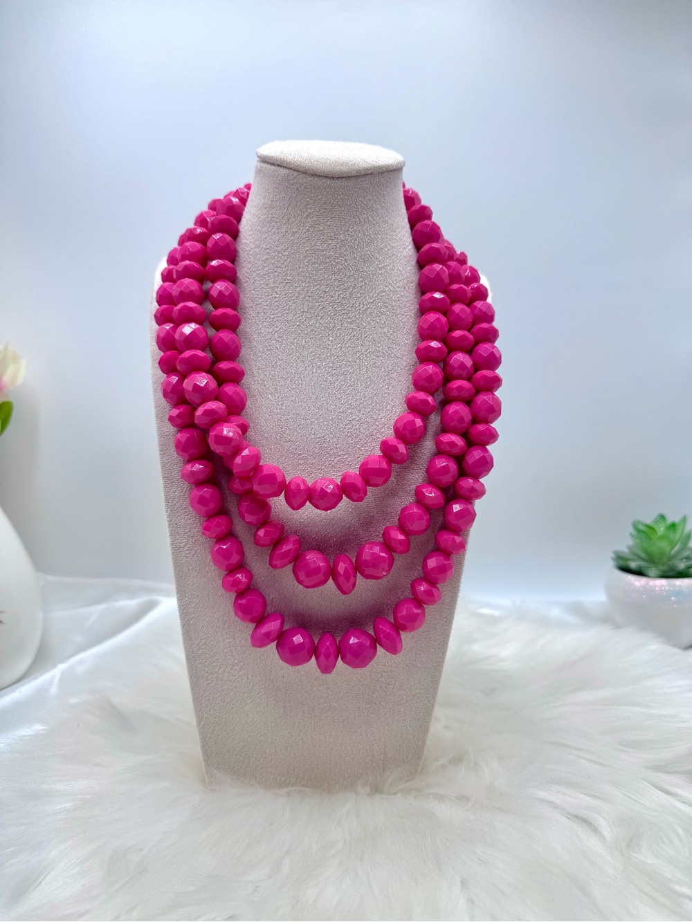 Hot Pink Multi-Strand Faceted Beaded Statement Necklace | Bold Layered Fashion